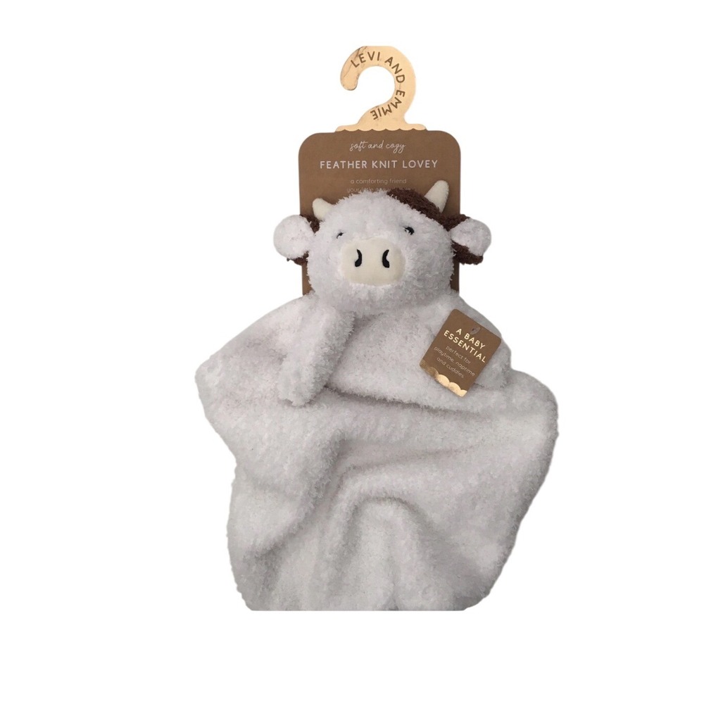 Levi and Emmie Feather Knit Cow Lovey Baby Security Blanket White Brown New